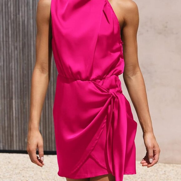 Women's Short Formal Satin Dress Summer Sleeveless Mock Neck Tie Waist Cocktail - Picture 7 of 8